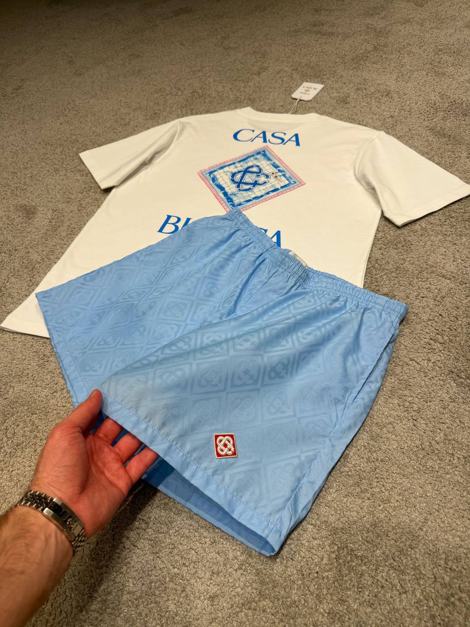 Casablanca Summer Set – White Tee & Sky Blue Monogram Shorts - NV ESSENTIALS