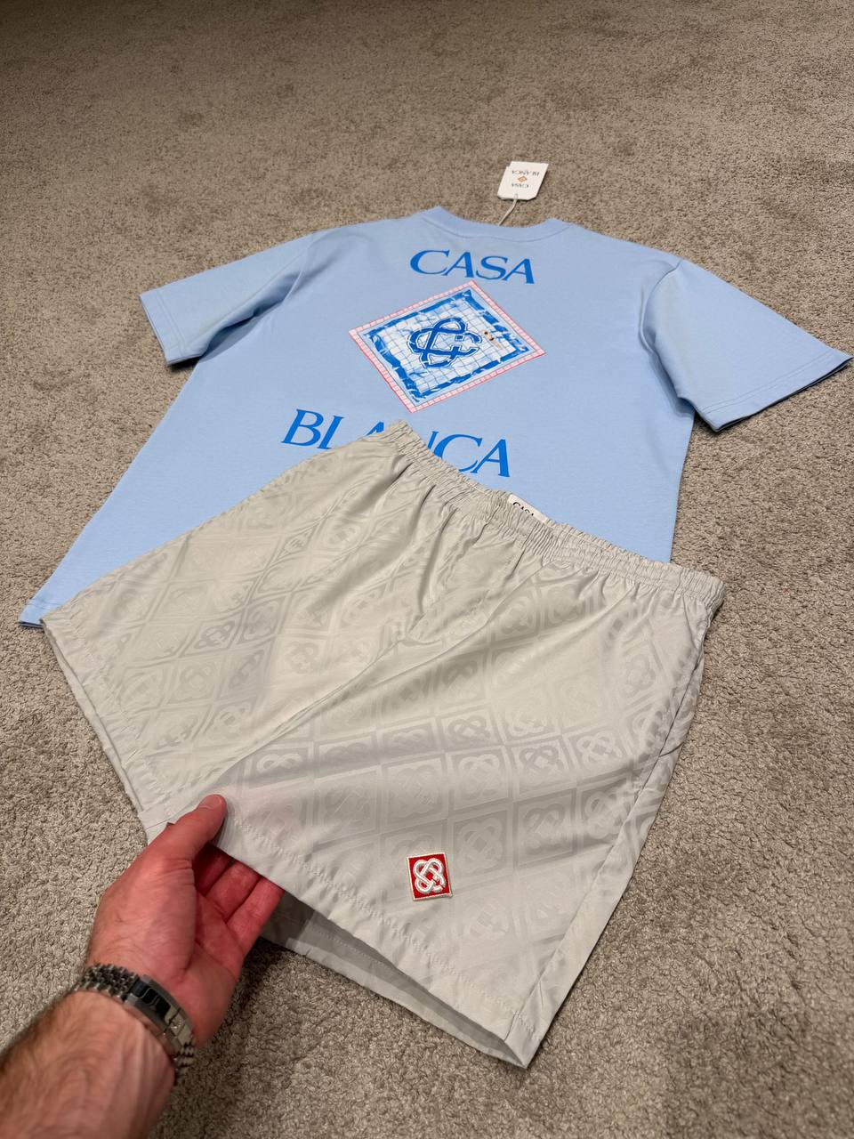 Casablanca Summer Set – Sky Blue Tee & Beige Monogram Shorts - NV ESSENTIALS