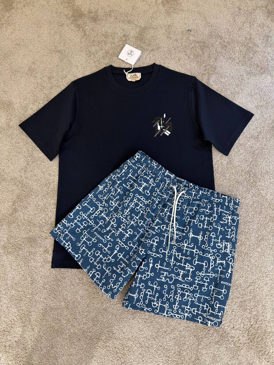 Hermès – Graphic Logo Tee & Chain Print Shorts Set – Navy - NV ESSENTIALS