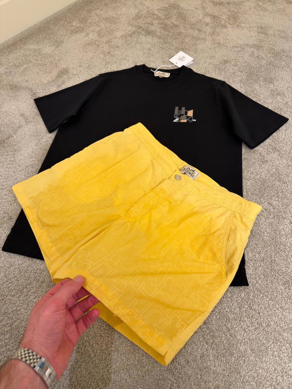 Hermès – H Graphic Tee & Monogram Shorts Set – Black / Yellow - NV ESSENTIALS