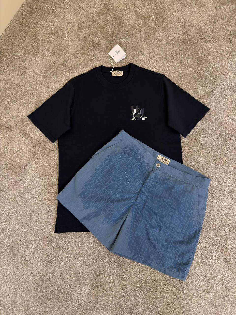 Hermès – H Graphic Tee & Monogram Shorts Set – Navy / Light Blue - NV ESSENTIALS