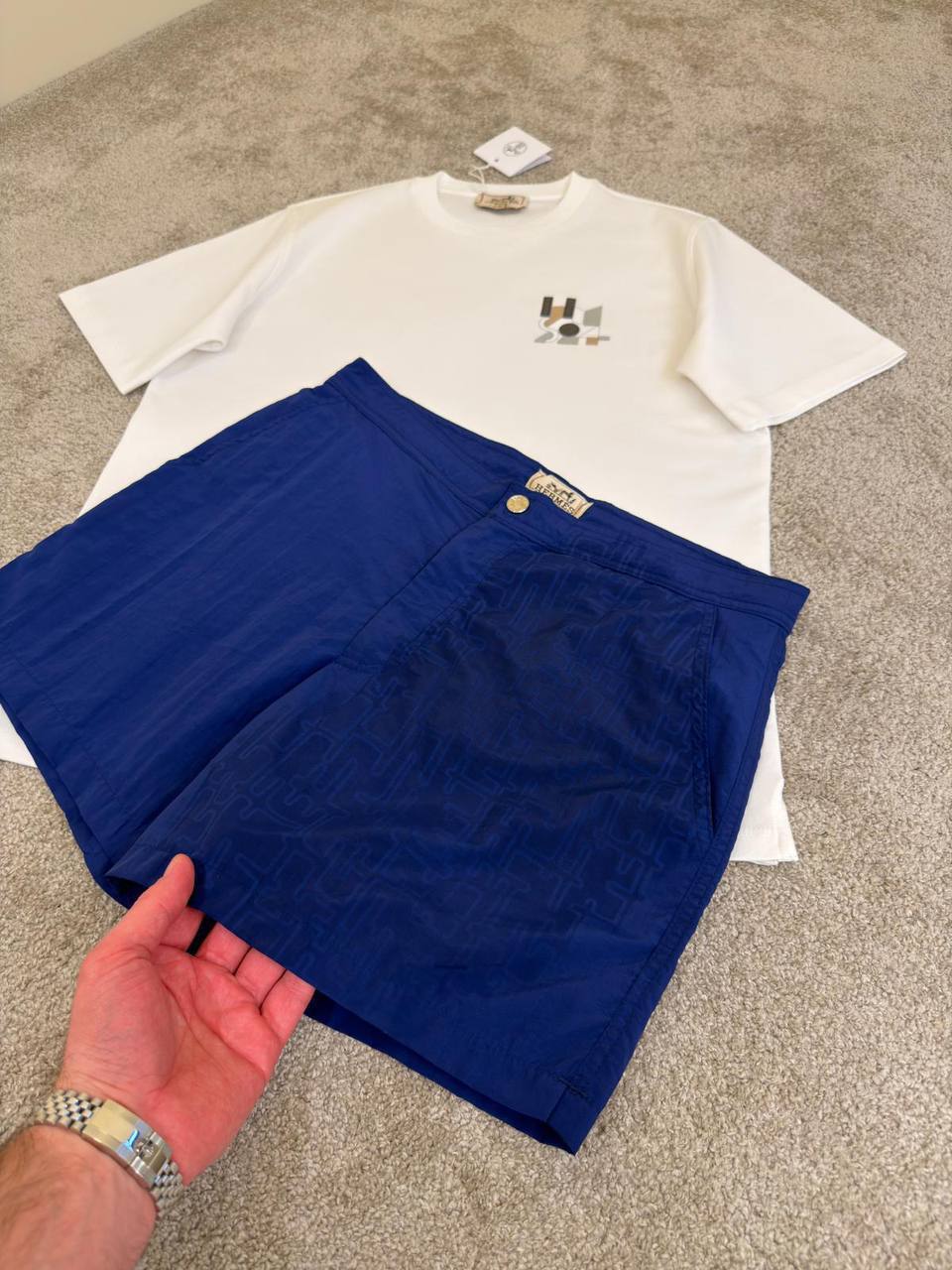 Hermès – H Graphic Tee & Monogram Shorts Set – White / Royal Blue - NV ESSENTIALS
