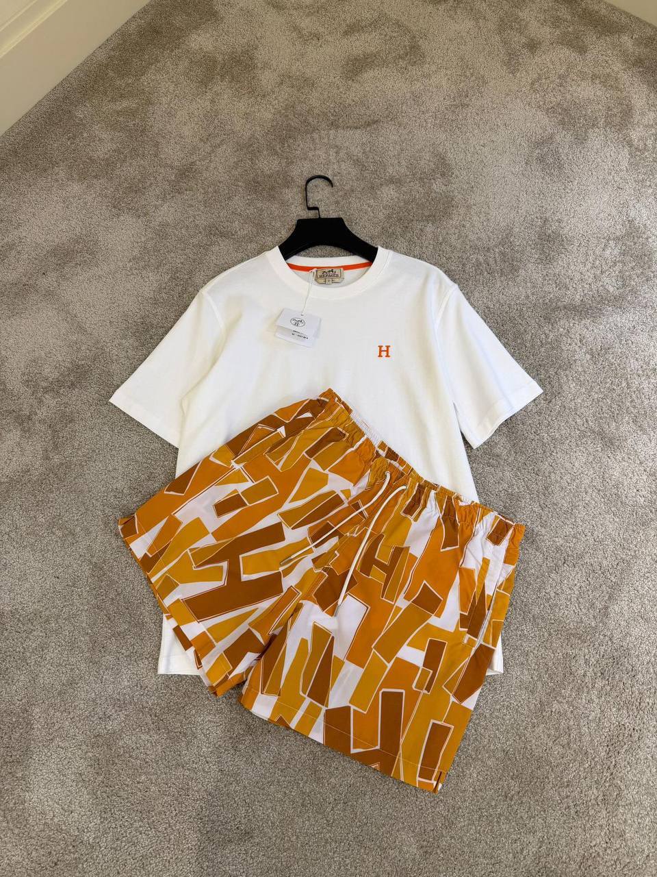 Hermès – H Logo Tee & Mosaic Print Shorts Set – White / Orange - NV ESSENTIALS