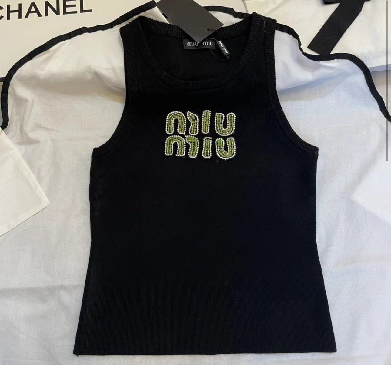 MIUE GREEN LETTERS TANK TOP - NV ESSENTIALS