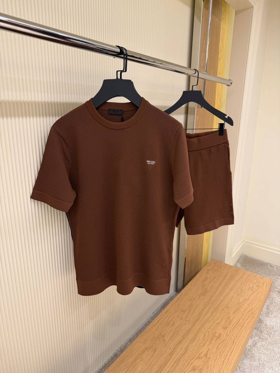 Prada – Waffle Knit Tee & Shorts Set – Brown - NV ESSENTIALS